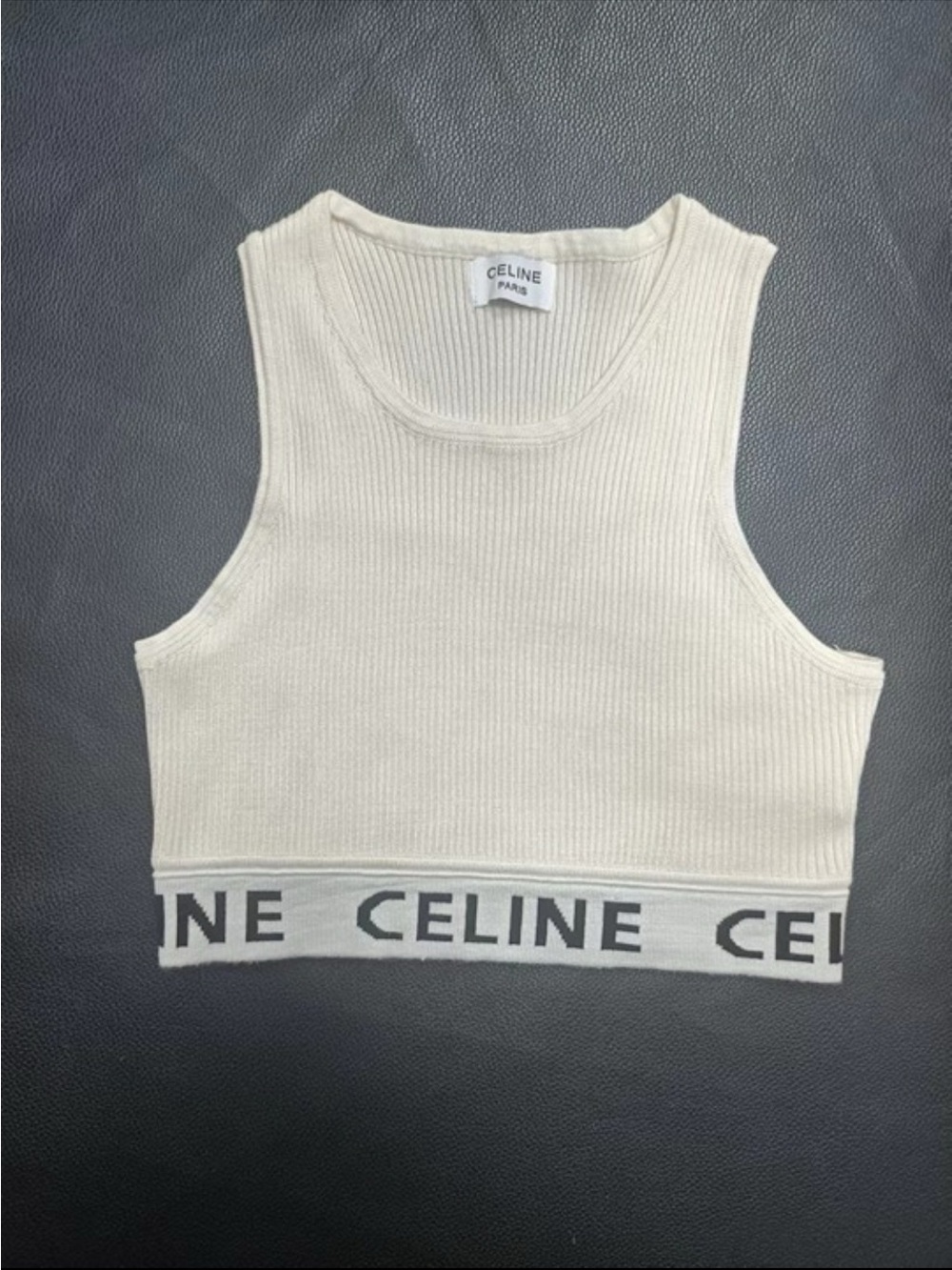Celine Cream Ribbed Logo Crop Tank Top